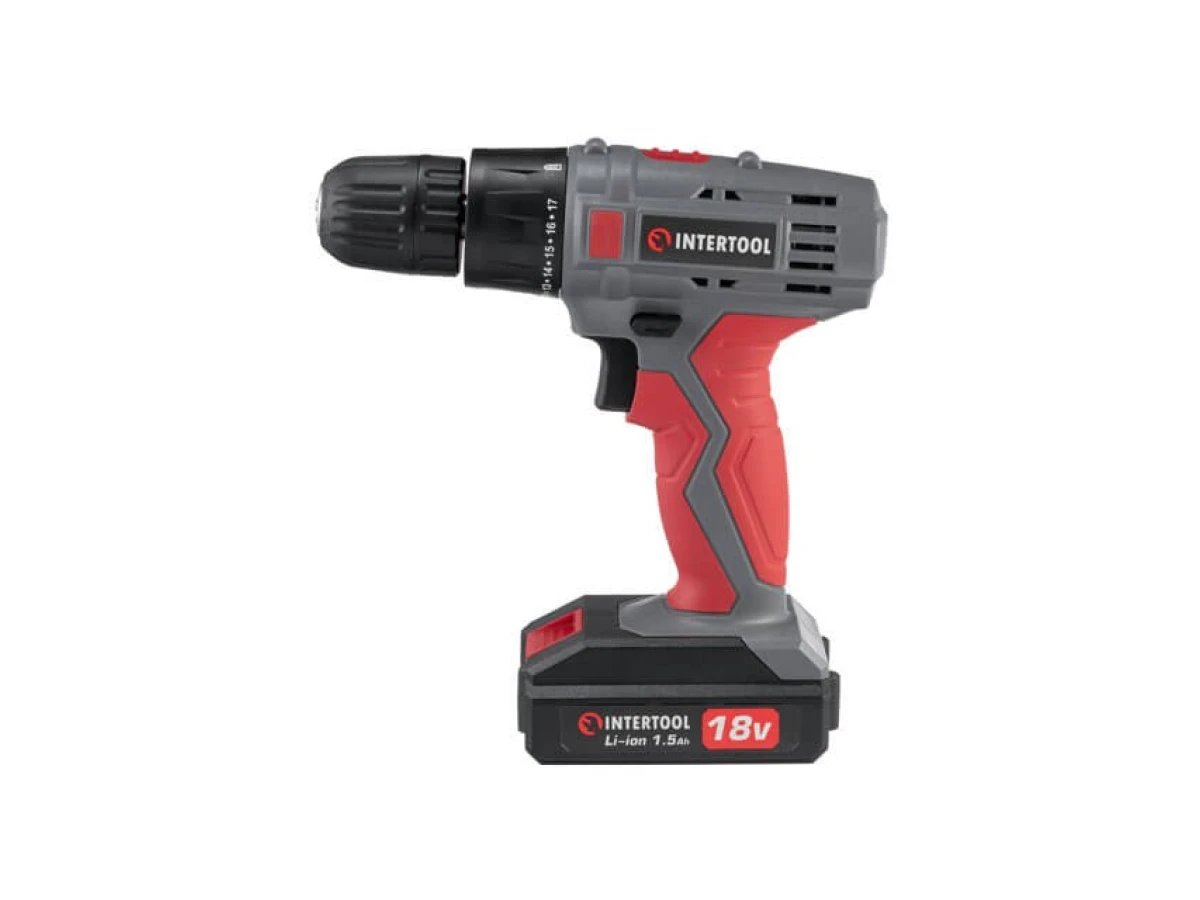 Дриль-шуруповерт акумуляторний 18 В, 17 Nm, 0-700 об/хв, 0.8-10 мм, Li-Ion, 1.5 Аг INTERTOOL DT-0315 