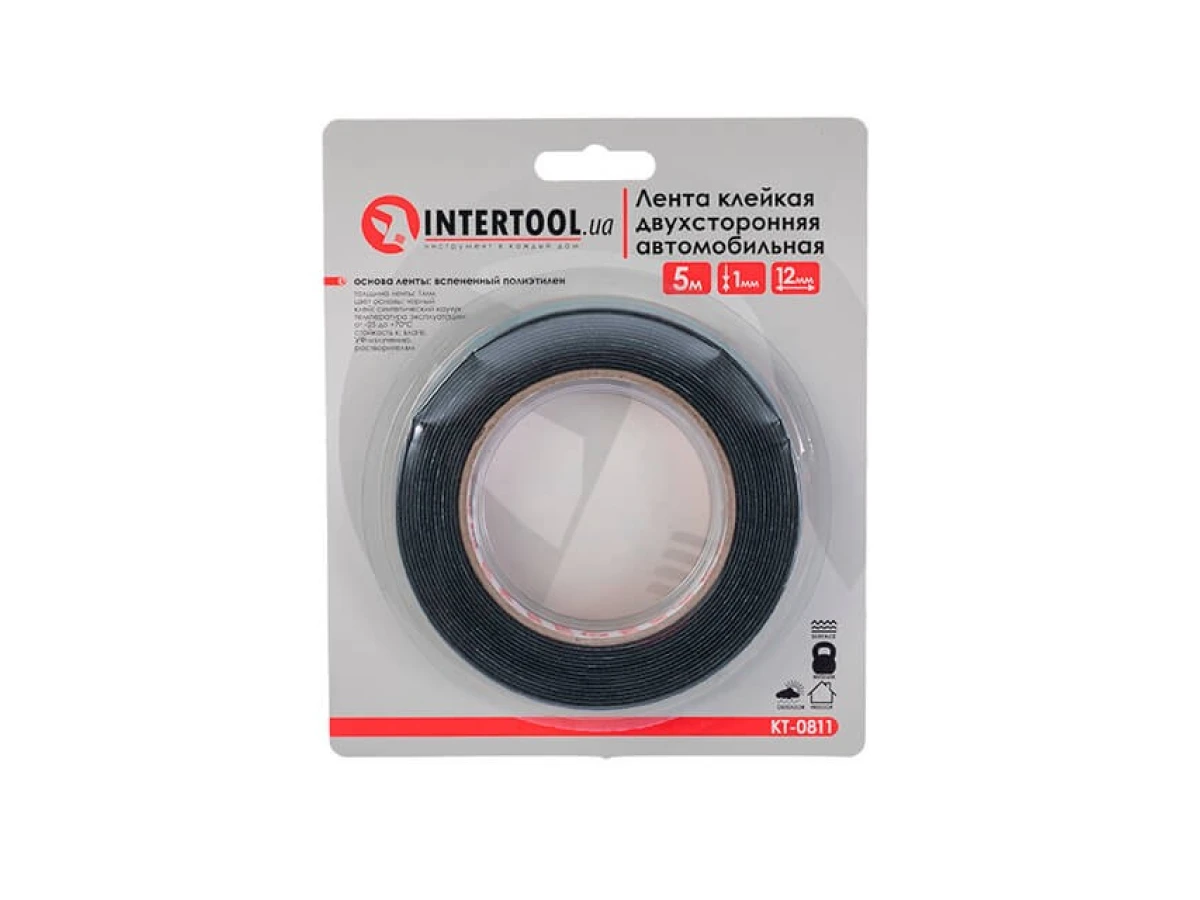 Стрічка клейка двостороння автомобільна, 12 мм * 5 м * 1 мм, чорна, спінений поліетилен INTERTOOL KT-0811 