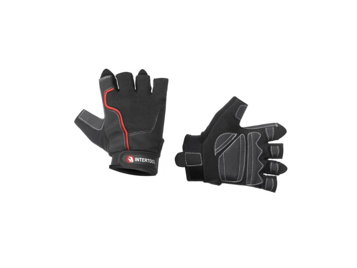 Перчатка без пальцев, экокожа "amara ", защитные вставки на ладони,вставки на тыльной стороне ладони из спандекса и неопрена, фиксация ремешком на липучке INTERTOOL SP-0145 