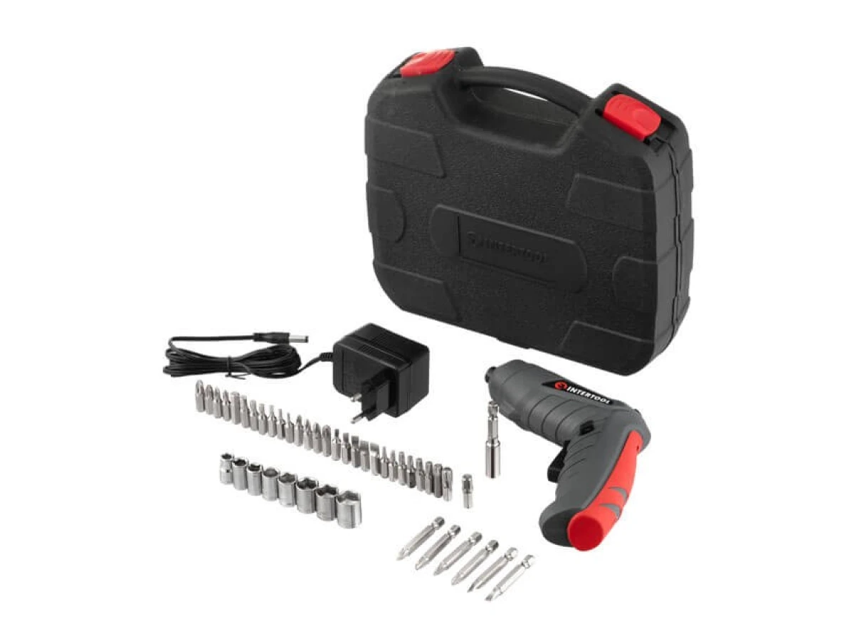 Отвертка аккумуляторная 3.6V, NiCd, поворотная рукоятка, кейс+насадки INTERTOOL DT-0302 