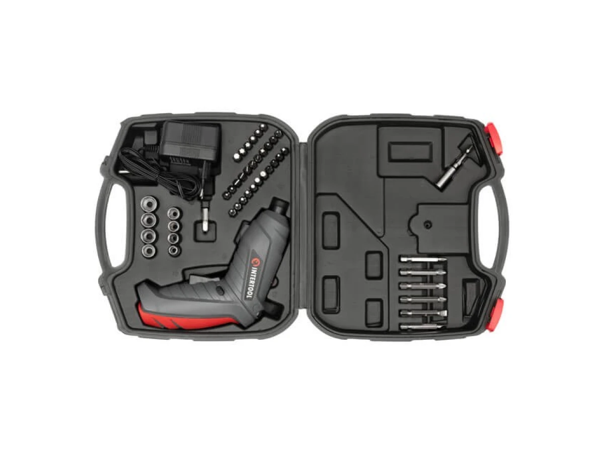 Отвертка аккумуляторная 3.6V, NiCd, поворотная рукоятка, кейс+насадки INTERTOOL DT-0302 