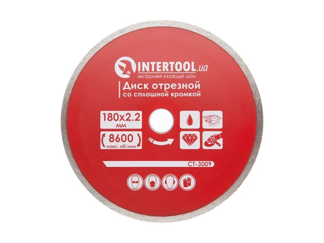 Диск відрізний алмазний по плитці, з суцільною крайкою, 180мм, 22-24% INTERTOOL CT-3009 