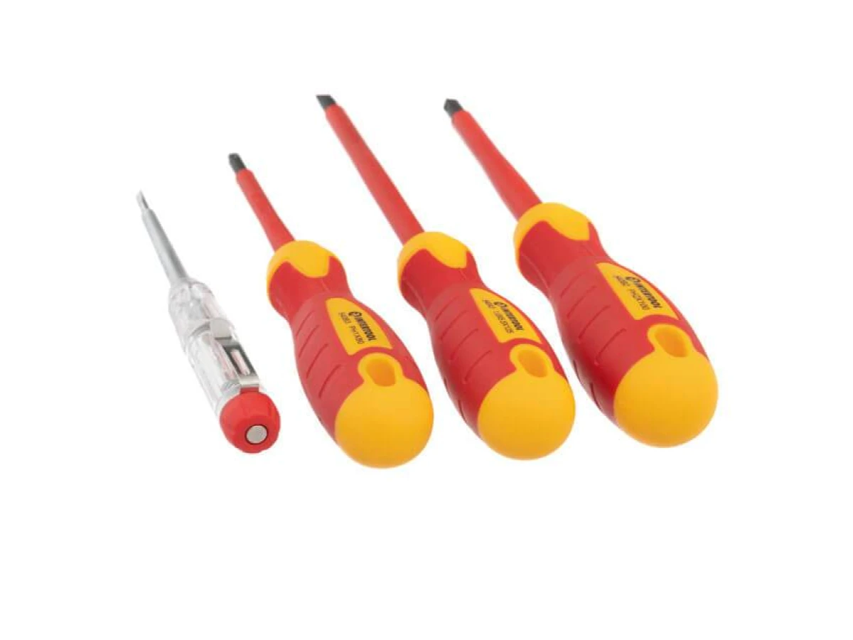Набір ізольованих викруток з викруткою-індикатором, 4 од VDE (SL1.0 * 5.5 * 125мм, PH1 * 80мм, PH2 * 100мм, викрутка індикатор.), STORM INTERTOOL VT-3604 