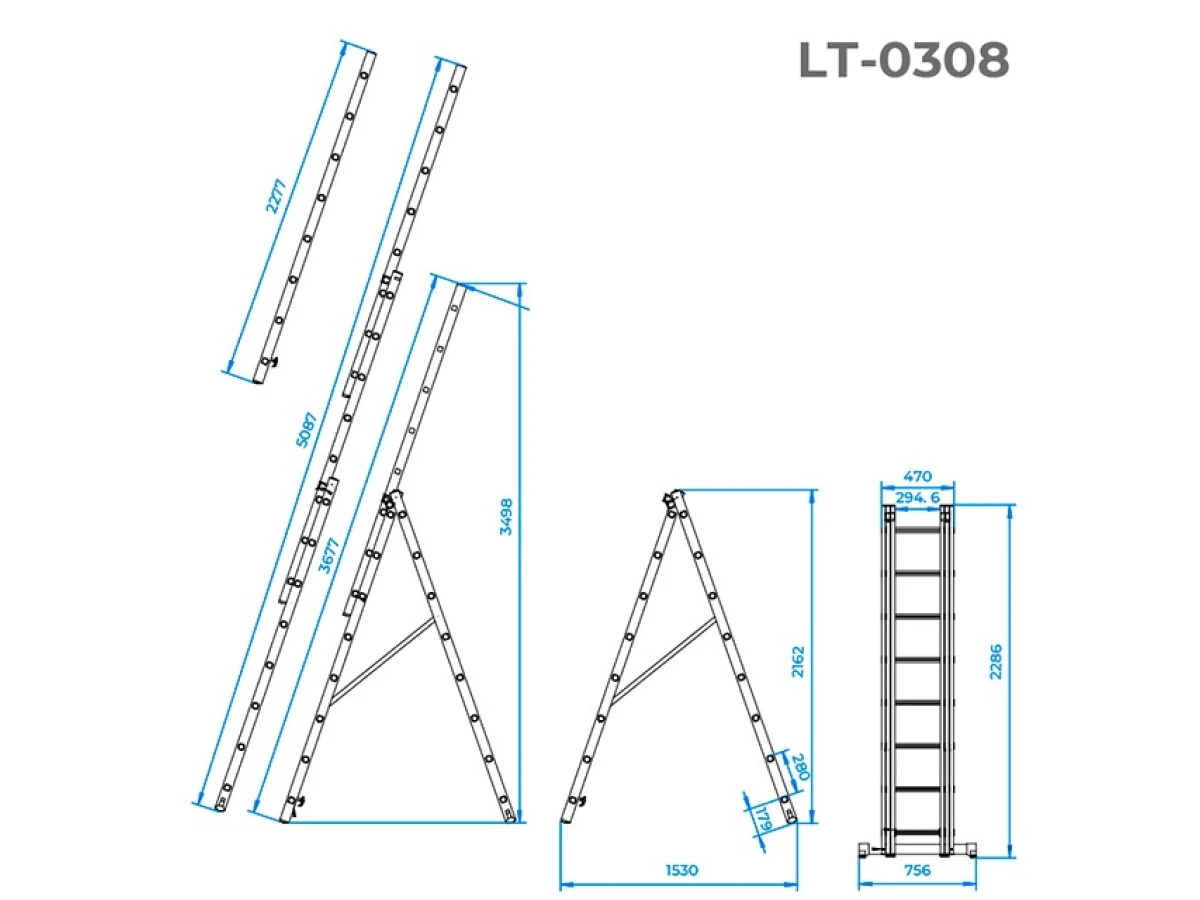 Лестница алюминиевая, 3-х секционная универсальная раскладная, 3*8 ступ., 5.09 м INTERTOOL LT-0308 