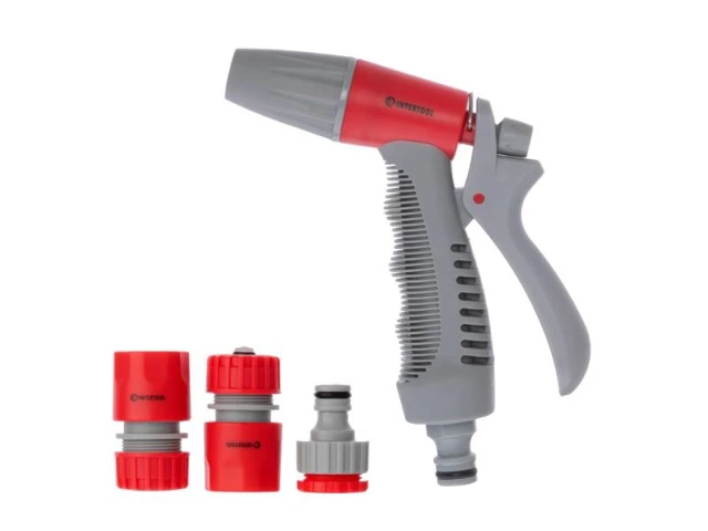 Пистолет-распылитель для полива, плавная регулировка потока воды + адаптер с резьбой 1/2", 3/4" и 2 коннектора для шланга 1/2" INTERTOOL GE-0016 