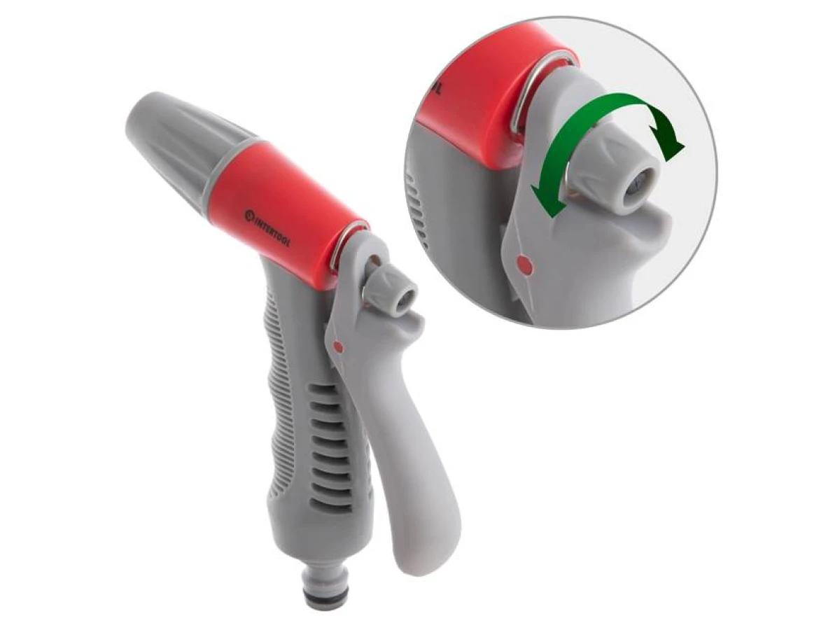 Пистолет-распылитель для полива, плавная регулировка потока воды + адаптер с резьбой 1/2", 3/4" и 2 коннектора для шланга 1/2" INTERTOOL GE-0016 