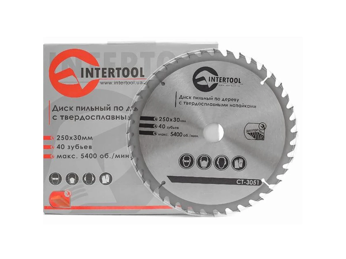 Диск пиляльний по деревині з твердосплавними напайками 250*30*1.7 мм, 40 зубів, 5400 об/хв. INTERTOOL CT-3051 