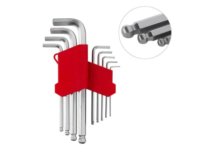 Набір ключів Г-подібних подовжених шестигранних з кулястим наконечником 9 шт, 1.5-10 мм, Cr-V, 55 HRC INTERTOOL HT-0603