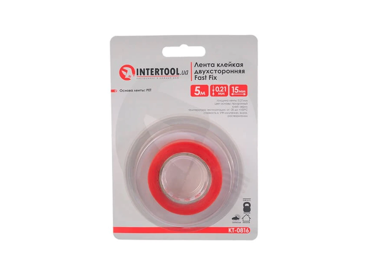 Стрічка клейка двостороння FAST FIX, 15 мм * 5 м * 0,21 мм, прозора, РЕТ INTERTOOL KT-0816 