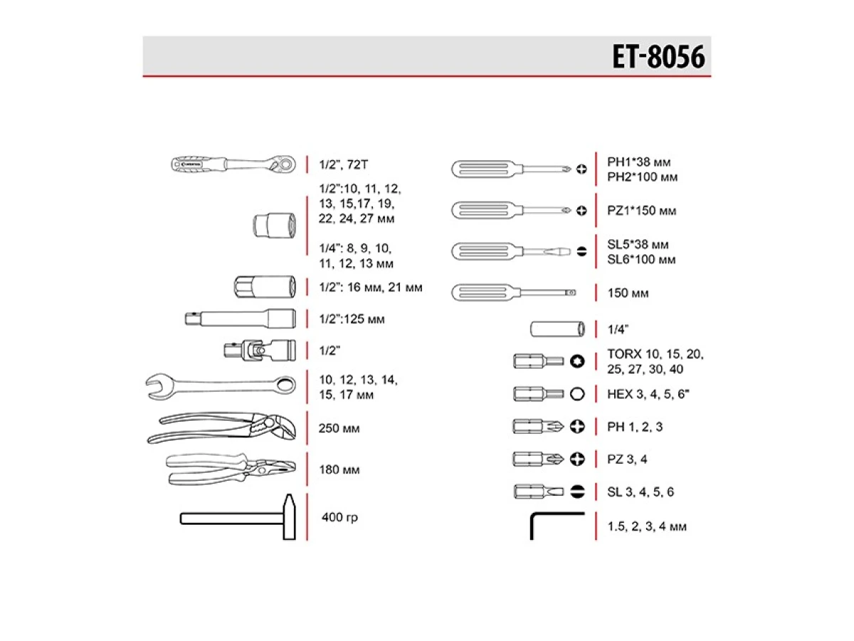 Набір інструментів 1/2" & 1/4", 56 од., Cr-V STORM INTERTOOL ET-8056 