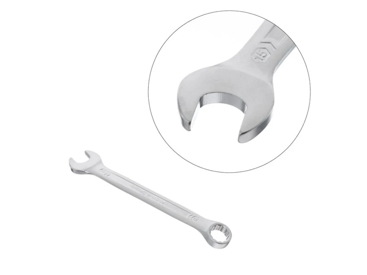 Ключ комбінований 15 мм, CrV, покриття Сатин-хром PROF DIN3113 INTERTOOL XT-1015 