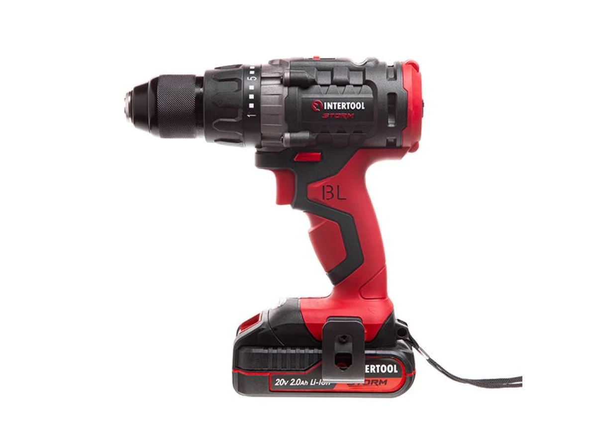 Дриль-шурупокрут акумуляторний з безщітковим двигуном 20 В, 50 Nm, 0-400/0-1500 об/хв., 1,5-13 мм, літій-іон, 2x2.0 Аг, ЗП, кейс INTERTOOL WT-0331 