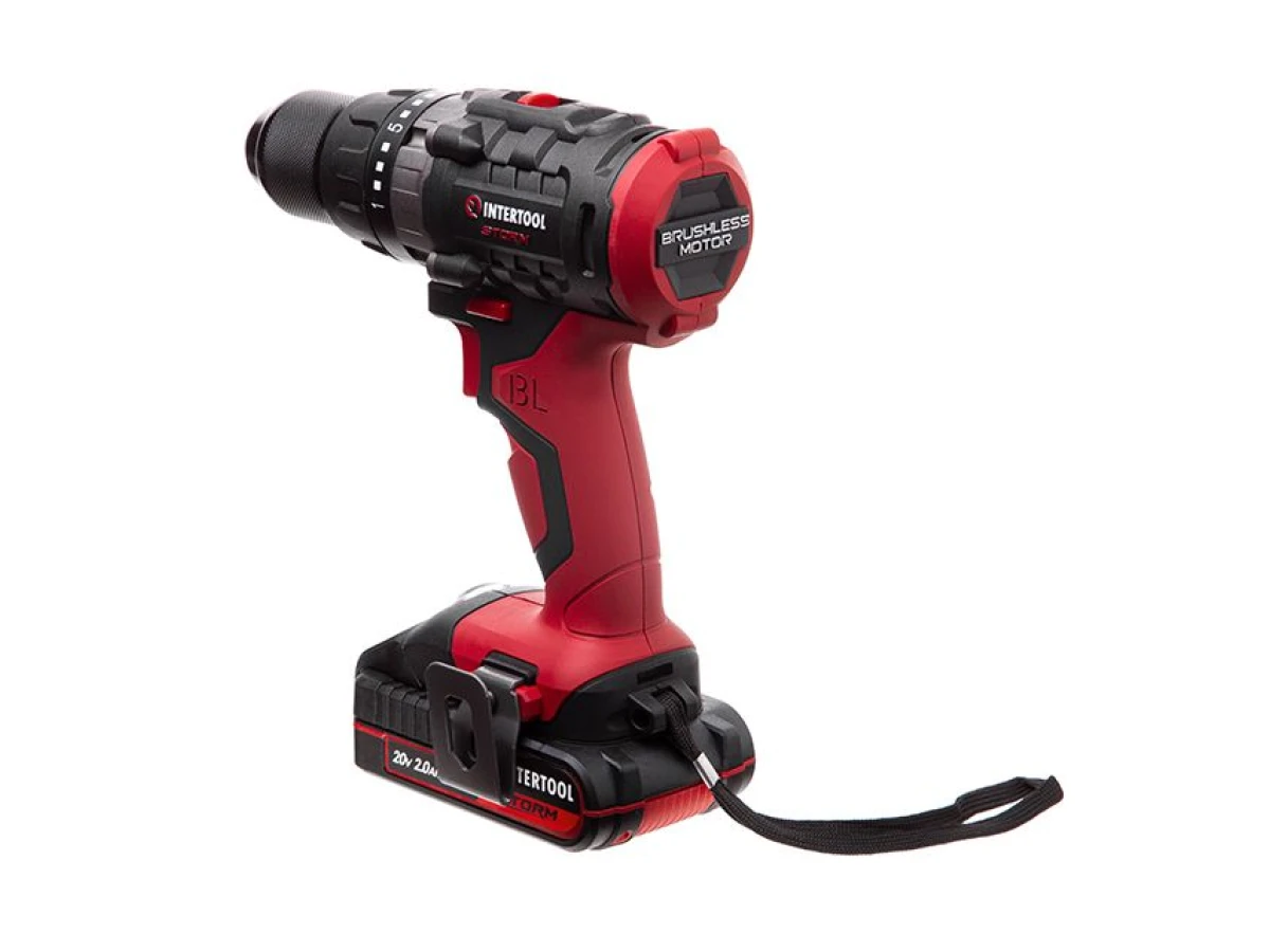 Дриль-шурупокрут акумуляторний з безщітковим двигуном 20 В, 50 Nm, 0-400/0-1500 об/хв., 1,5-13 мм, літій-іон, 2x2.0 Аг, ЗП, кейс INTERTOOL WT-0331 