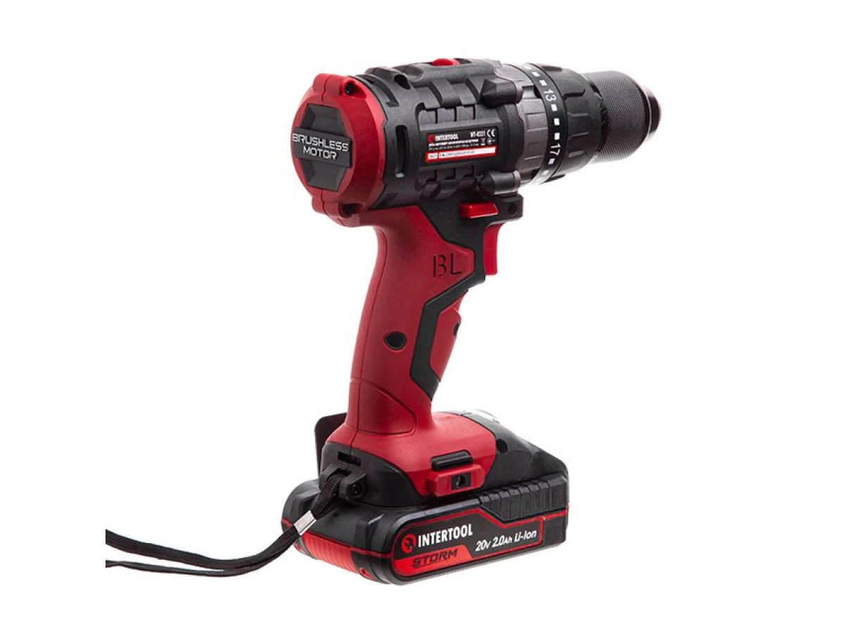 Дриль-шурупокрут акумуляторний з безщітковим двигуном 20 В, 50 Nm, 0-400/0-1500 об/хв., 1,5-13 мм, літій-іон, 2x2.0 Аг, ЗП, кейс INTERTOOL WT-0331 