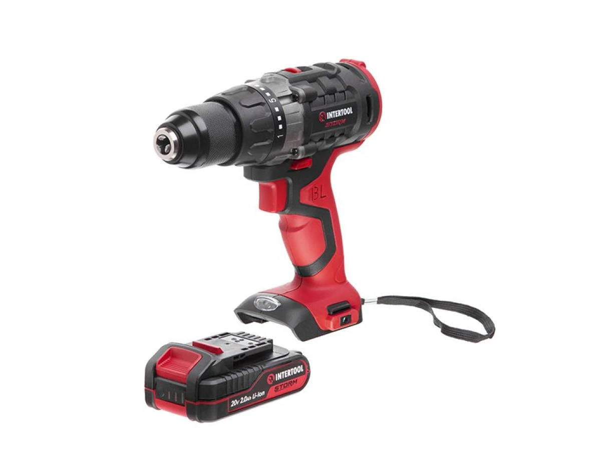Дриль-шурупокрут акумуляторний з безщітковим двигуном 20 В, 50 Nm, 0-400/0-1500 об/хв., 1,5-13 мм, літій-іон, 2x2.0 Аг, ЗП, кейс INTERTOOL WT-0331 