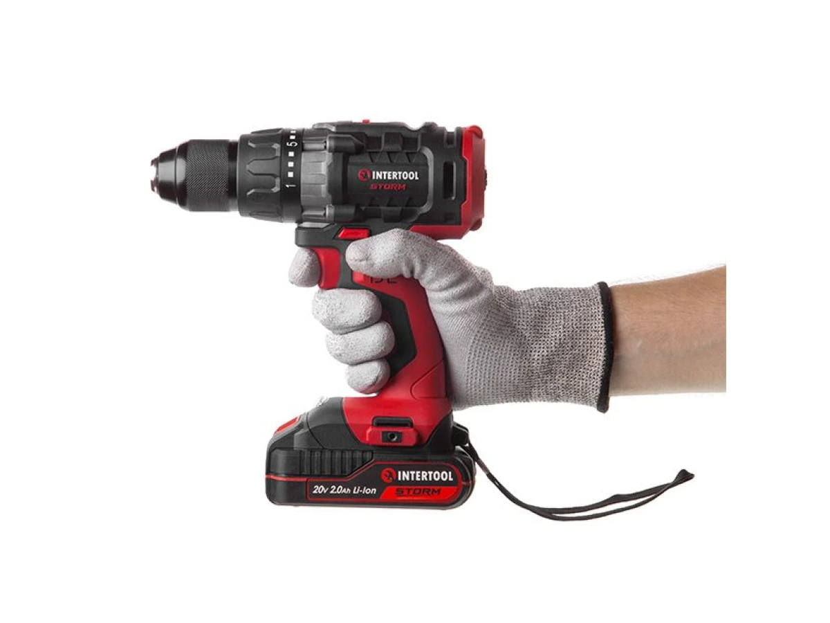 Дриль-шурупокрут акумуляторний з безщітковим двигуном 20 В, 50 Nm, 0-400/0-1500 об/хв., 1,5-13 мм, літій-іон, 2x2.0 Аг, ЗП, кейс INTERTOOL WT-0331 