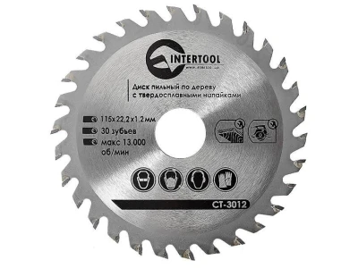 Диск пиляльний по деревині з твердосплавними напайками 115*22*1.4 мм , 30 зубів INTERTOOL CT-3012