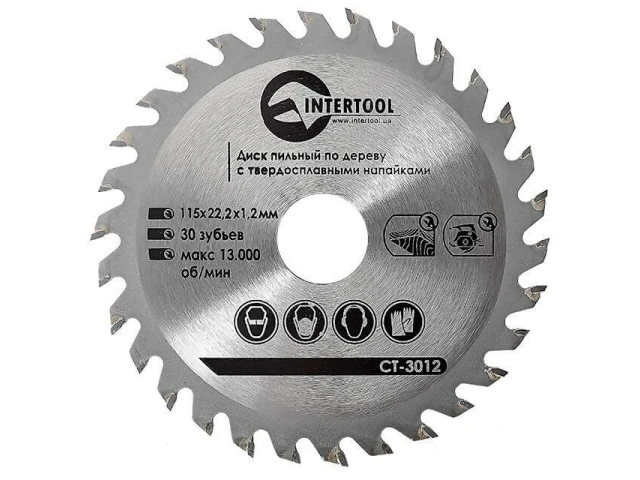 Диск пиляльний по деревині з твердосплавними напайками 115*22*1.4 мм , 30 зубів INTERTOOL CT-3012 