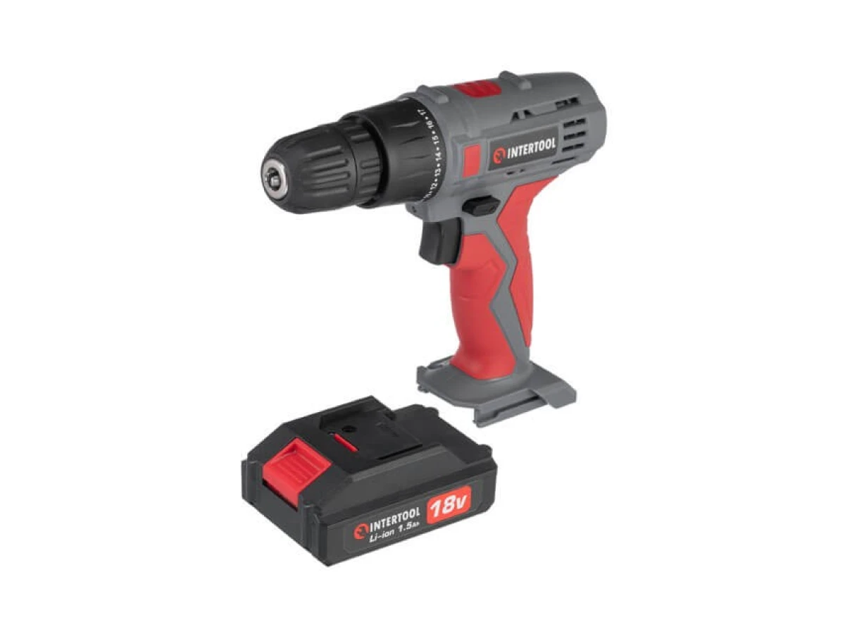 Дриль-шуруповерт акумуляторний 18 В, 17 Nm, 0-700 об/хв, 0.8-10 мм, Li-Ion, 1.5 Аг INTERTOOL DT-0315 