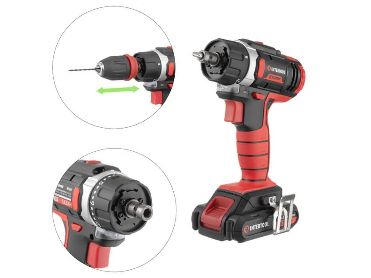 Дрель-шуруповерт аккумуляторная Li-Ion 18 В, 25 Nm, 0-400/0-1500 об/мин, 2x2.0 Ач, съемный патрон INTERTOOL WT-0317 