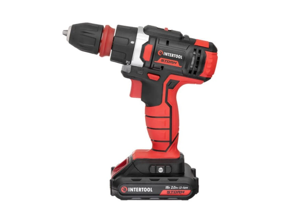 Дрель-шуруповерт аккумуляторная Li-Ion 18 В, 25 Nm, 0-400/0-1500 об/мин, 2x2.0 Ач, съемный патрон INTERTOOL WT-0317 