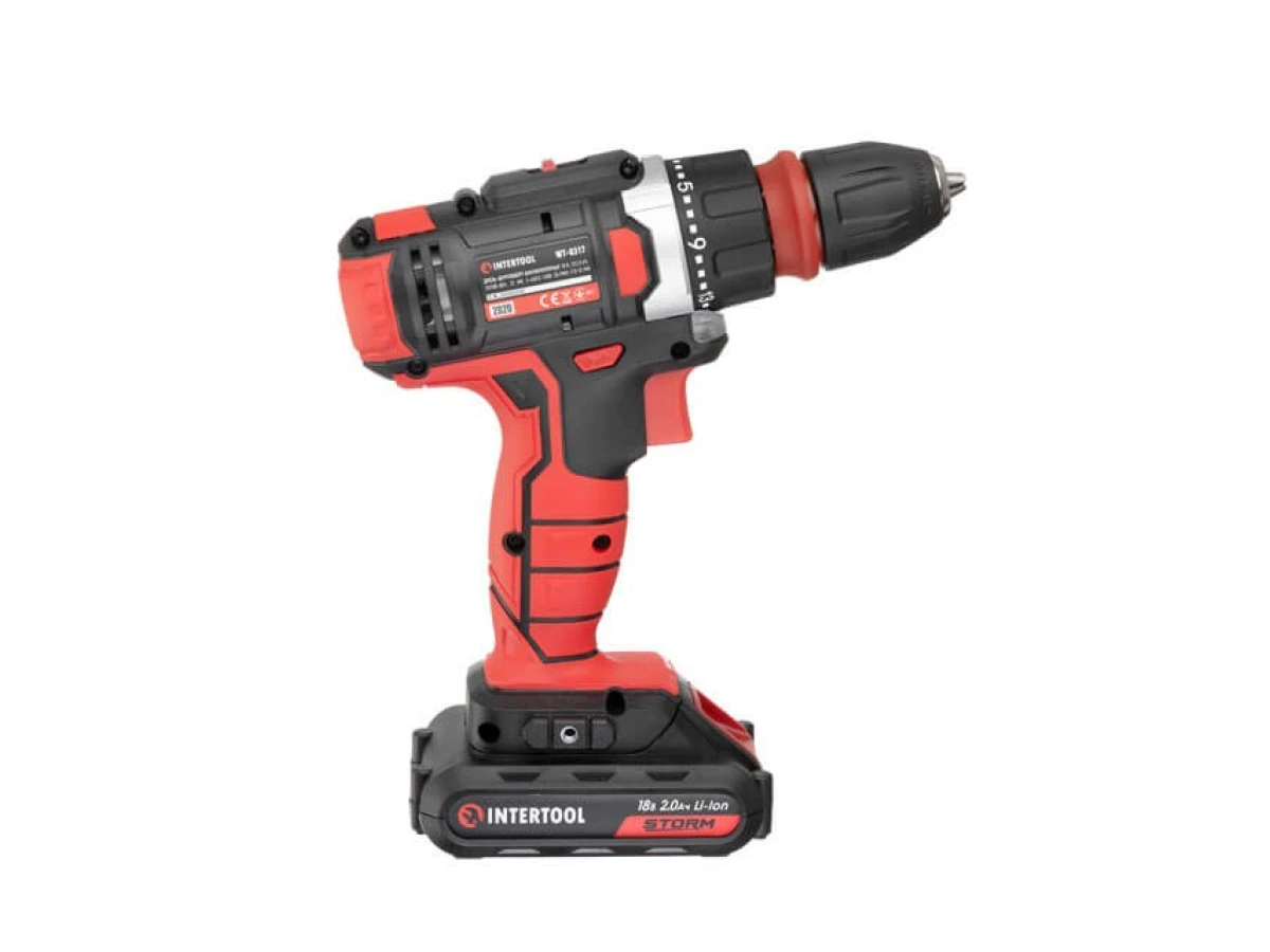 Дрель-шуруповерт аккумуляторная Li-Ion 18 В, 25 Nm, 0-400/0-1500 об/мин, 2x2.0 Ач, съемный патрон INTERTOOL WT-0317 
