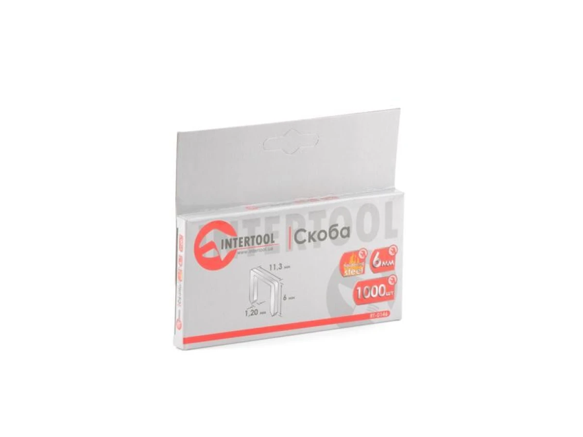 Скоба гартована 6 мм, уп. 1000 шт., ширина 11.3 мм, переріз 1.20 мм (під пістолети RT-0120, RT-0202) INTERTOOL RT-0146 