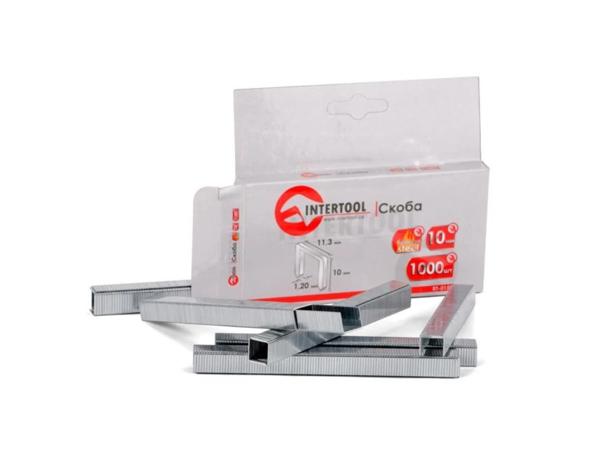Скоба гартована 10 мм, уп. 1000 шт., ширина 11.3 мм, переріз 1.20 мм (під пістолети RT-0120, RT-0202) INTERTOOL RT-0150 