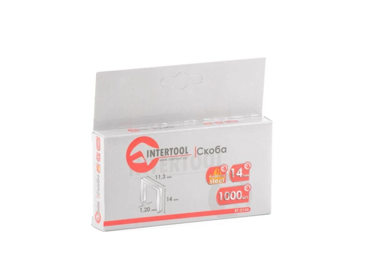 Скоба гартована 14 мм, уп. 1000 шт., ширина 11.3 мм, переріз 1.20 мм (під пістолети RT-0120, RT-0202) INTERTOOL RT-0154 