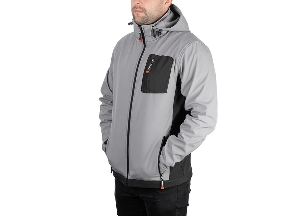 Куртка SOFTSHELL світло сіро-чорна, з капюшоном, тришарова, тканина - стрейч 300 GSM 100D, з водо- і вітрозахистом, розмір XXXL INTERTOOL SP-3126 