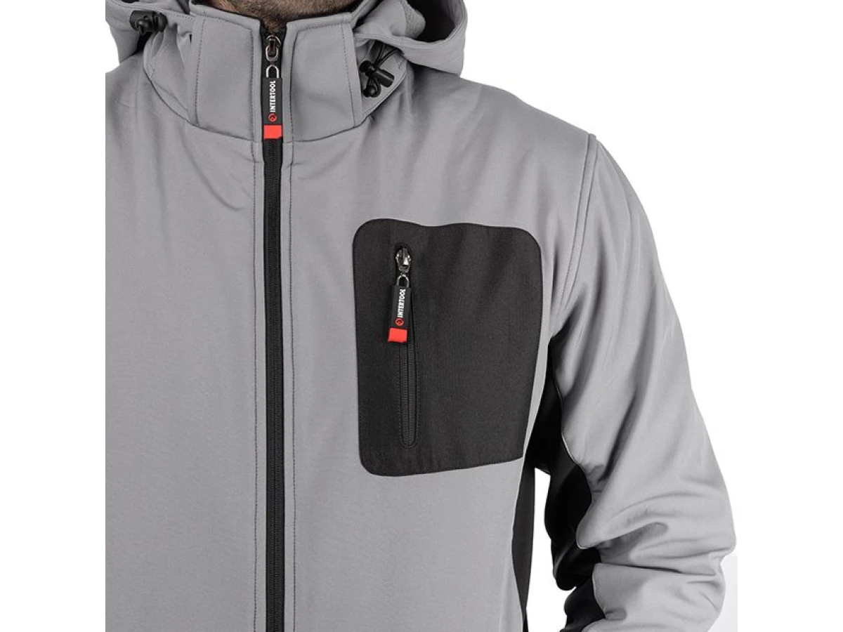 Куртка SOFTSHELL світло сіро-чорна, з капюшоном, тришарова, тканина - стрейч 300 GSM 100D, з водо- і вітрозахистом, розмір XXXL INTERTOOL SP-3126 
