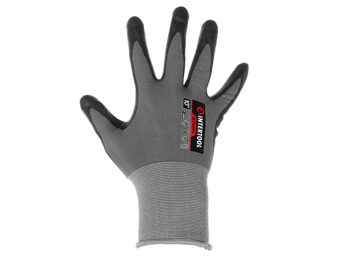 Перчатка трикотажная, синтетическая, двухслойное покрытие, полиуритановое и пористое нитриловое на ладони, дышащая, 10" STORM INTERTOOL SP-0189 