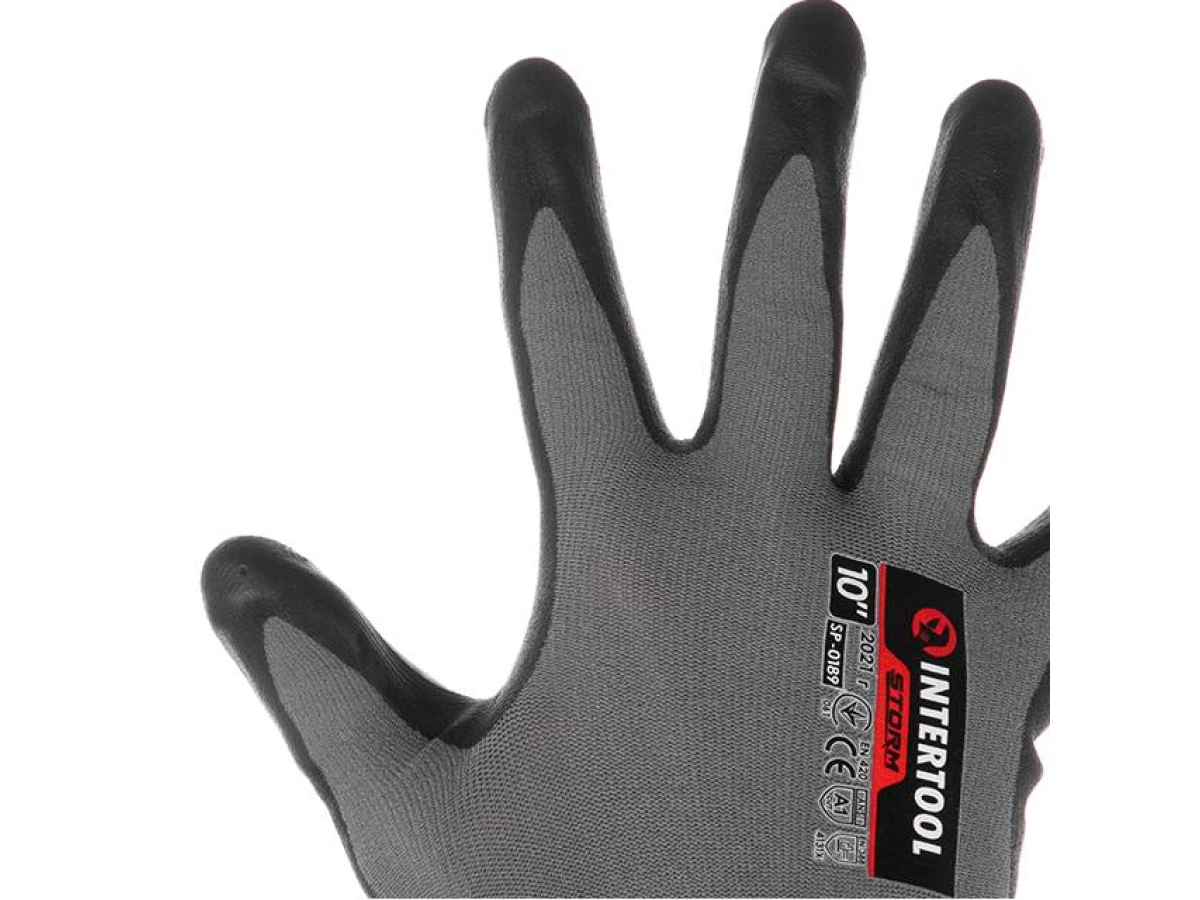Перчатка трикотажная, синтетическая, двухслойное покрытие, полиуритановое и пористое нитриловое на ладони, дышащая, 10" STORM INTERTOOL SP-0189 