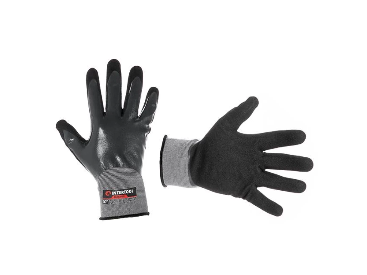 Перчатка трикотажная синтетическая, полное двухслойное нитриловое покрытие, базовое гладкое, пористое на ладони, дышащая, 10" STORM INTERTOOL SP-0190 