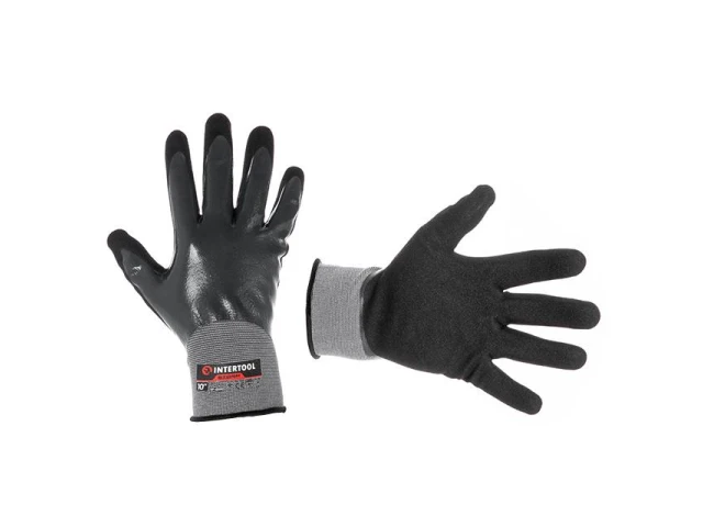 Перчатка трикотажная синтетическая, полное двухслойное нитриловое покрытие, базовое гладкое, пористое на ладони, дышащая, 10" STORM INTERTOOL SP-0190 