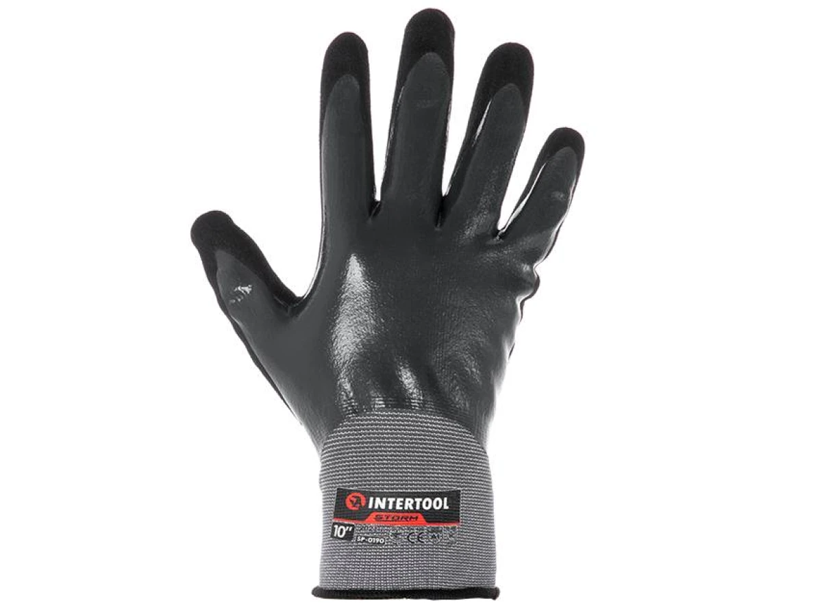 Перчатка трикотажная синтетическая, полное двухслойное нитриловое покрытие, базовое гладкое, пористое на ладони, дышащая, 10" STORM INTERTOOL SP-0190 