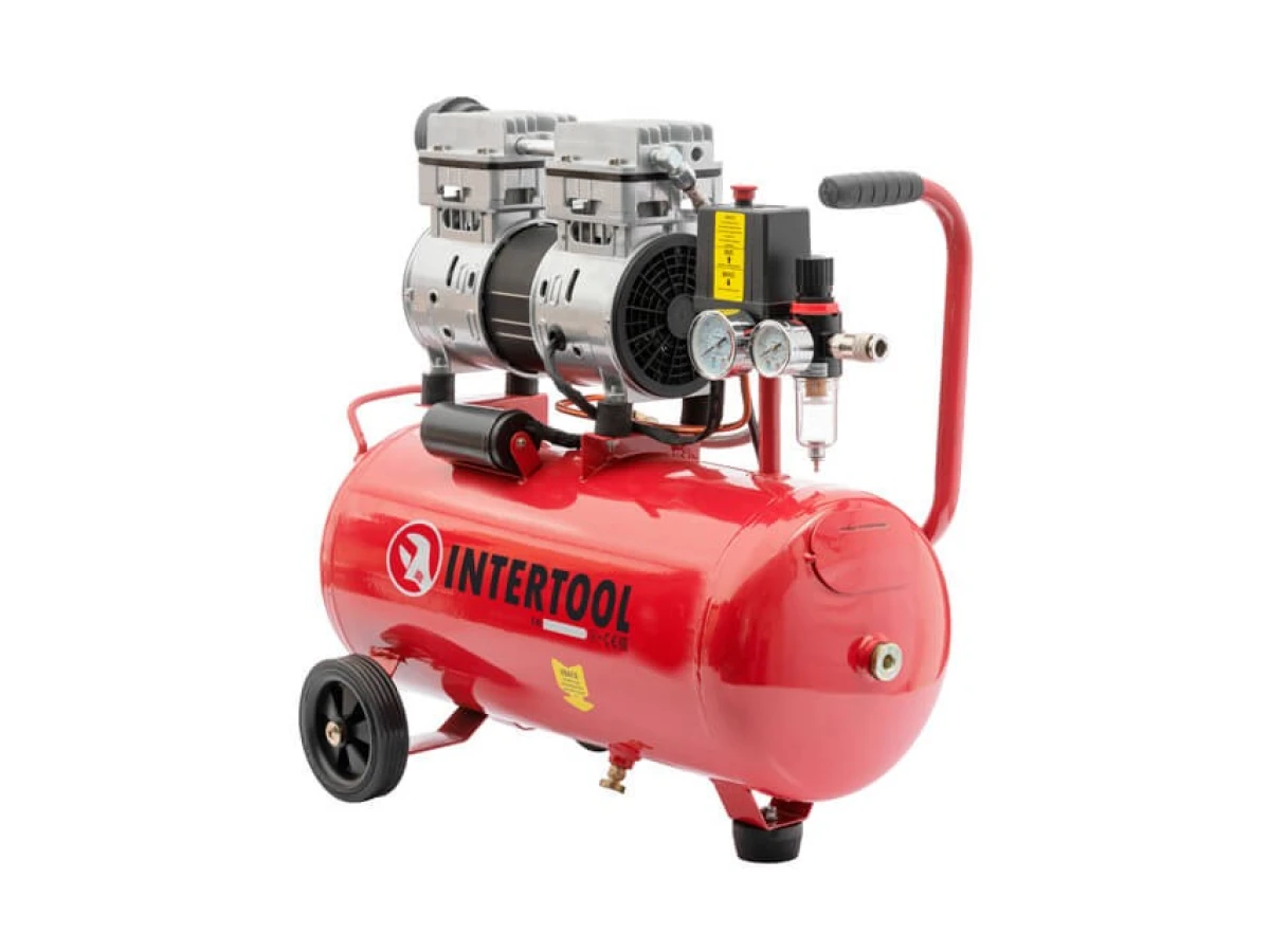 Компресор 24 л, 0.75 кВт, 220 В, 8 aтм, 145 л/хв., малошумний, безмасляний, 2 циліндри INTERTOOL PT-0022 
