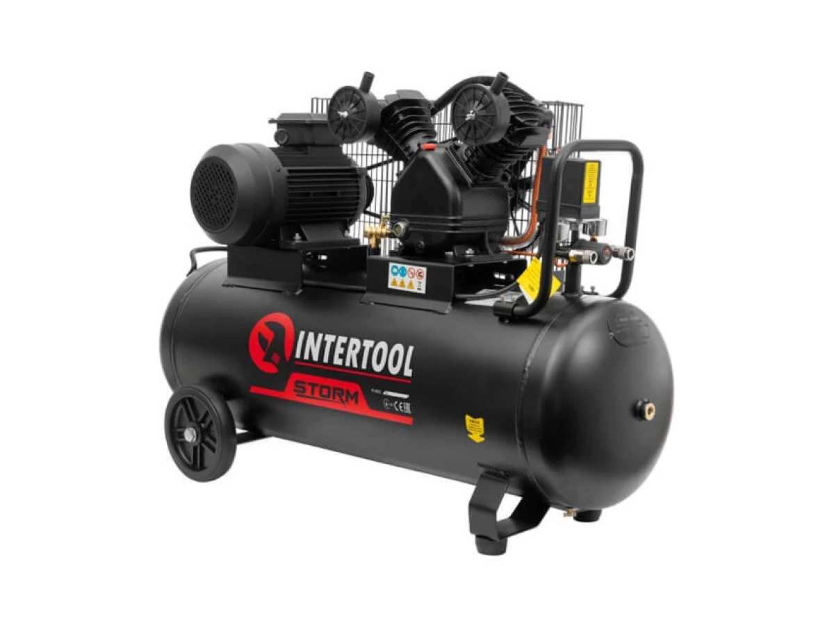 Компресор 100 л, 3 кВт, 380 В, 10 aтм, 500 л/хв., 2 циліндри INTERTOOL PT-0013 