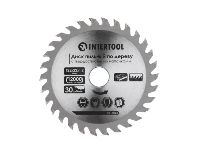 Диск пиляльний по деревині з твердосплавними напайками 125*22*1.4 мм, 30 зубів INTERTOOL CT-3013