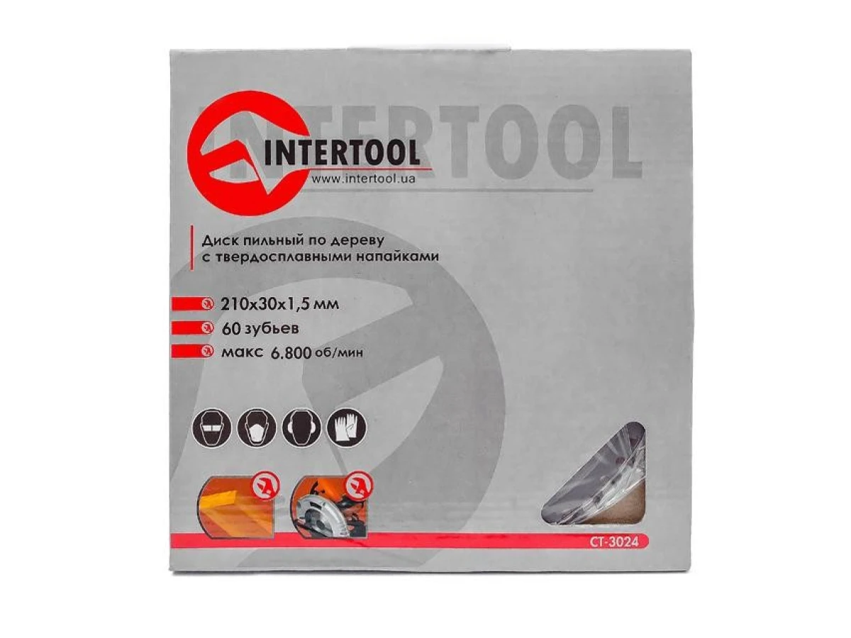 Диск пиляльний по деревині з твердосплавними напайками 210*30*1.5 мм, 60 зубів, 6800 об/хв. INTERTOOL CT-3024 