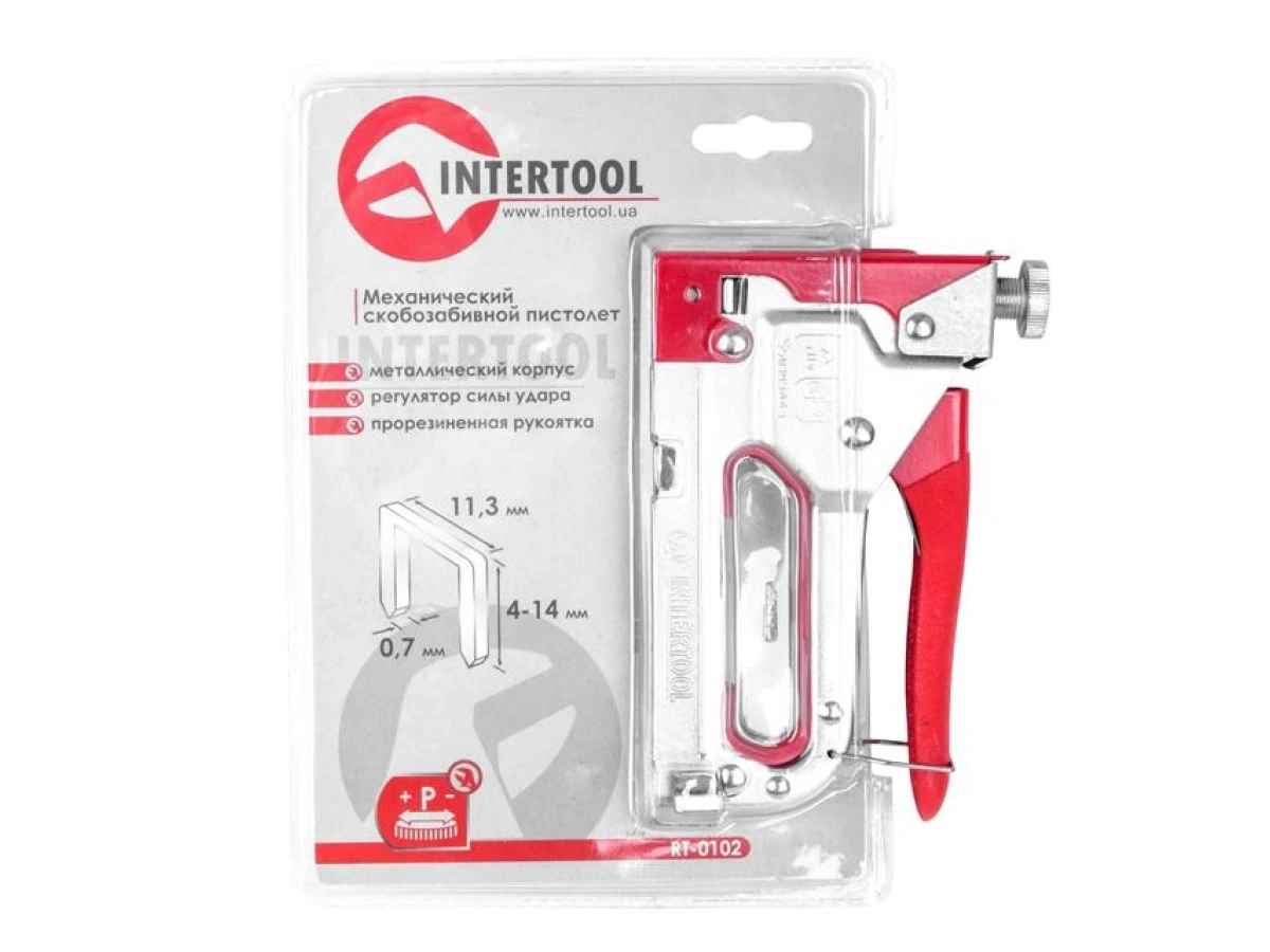 Пістолет скобозабивний механічний, скоба 11.3 x 0.7 x 4.0 - 14.0 мм, з прогумованою рукояткою (сталевий корпус) INTERTOOL RT-0102 