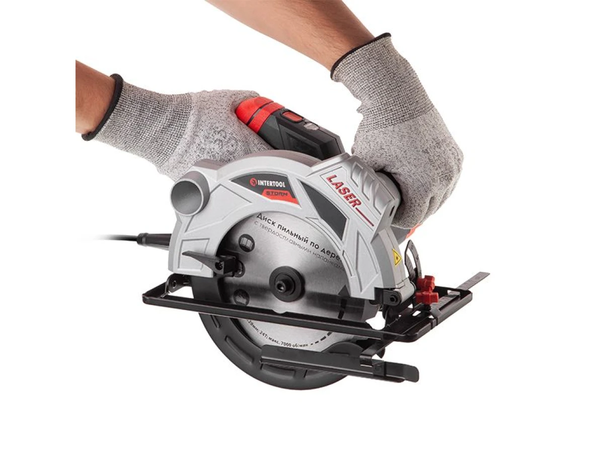 Пила дискова 1500 Вт, 5800 об/хв., кут 90-45°, глибина розпилу 65-43 мм, диск 190*20 мм, 24 зуба, лазер INTERTOOL WT-0618 