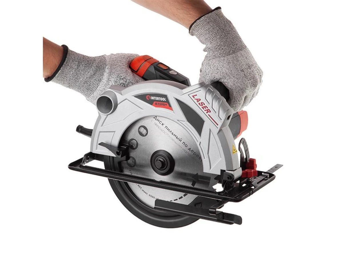 Пила дискова 1800 Вт, 5000 об/хв., кут 90°-45°, Глибина розпилу 73-48 мм, диск 210*30 мм, 40 зубців, лазер INTERTOOL WT-0621 