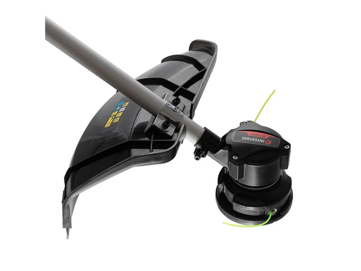 Триммер аккумуляторный с бесщеточным двигателем 40 В (2х20 В), 6000 об/мин, диаметр вращения диска/лески 255/350 мм, катушка + 3-х зуб.нож, без ЗУ АКБ INTERTOOL WT-9213 