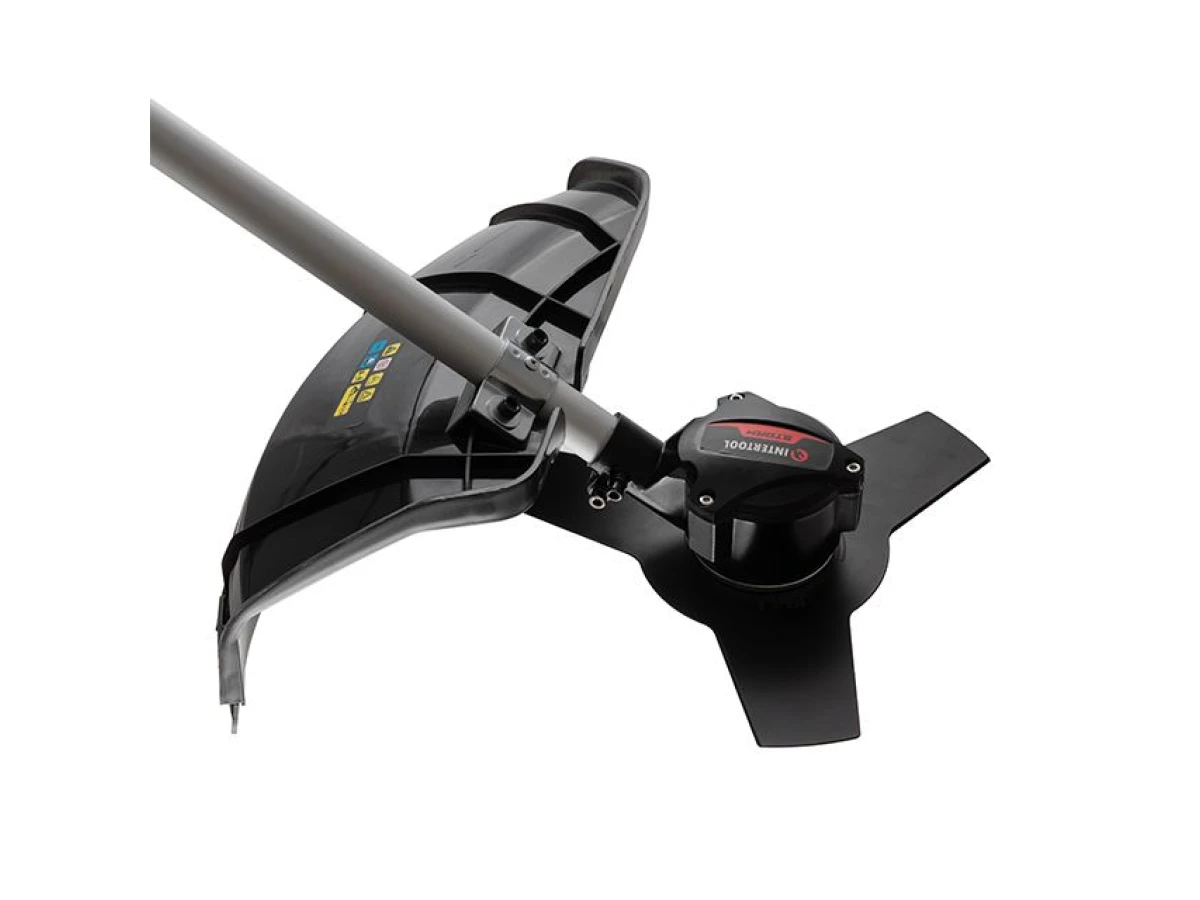 Триммер аккумуляторный с бесщеточным двигателем 40 В (2х20 В), 6000 об/мин, диаметр вращения диска/лески 255/350 мм, катушка + 3-х зуб.нож, без ЗУ АКБ INTERTOOL WT-9213 