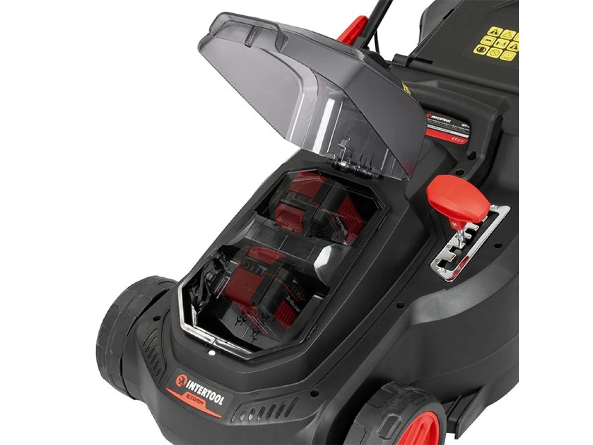 Газонокосилка аккумуляторная с бесщеточным двигателем 40 В (2х20В), 3500об/мин, ширина захвата 370 мм, высота среза 25-75мм, контейнер 40л, без ЗУ АКБ INTERTOOL WT-9216 