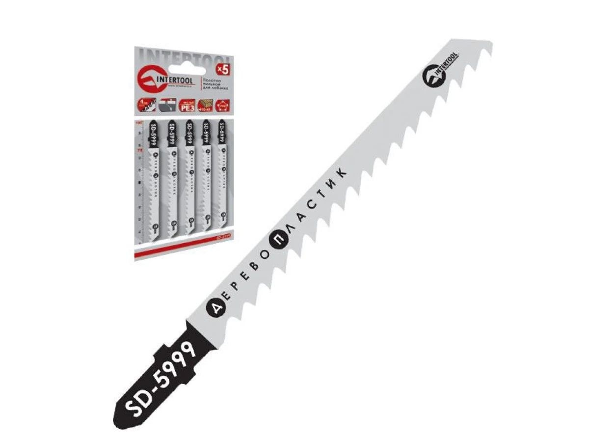 Набір полотен 5 од. для лобзика. Робоча довжина 75 мм, відстань між зубцями 4,0 мм, для роботи по деревині, ламінату, пластику. INTERTOOL SD-5999 
