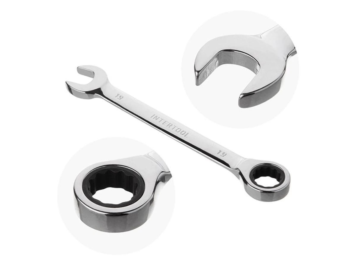 Набор ключей комбинированных с храповым механизмом 11ед., 8-19мм (8-9-10-11-12-13-14-15-16-17-19) Cr-V; PROF DIN3113 INTERTOOL XT-1304 