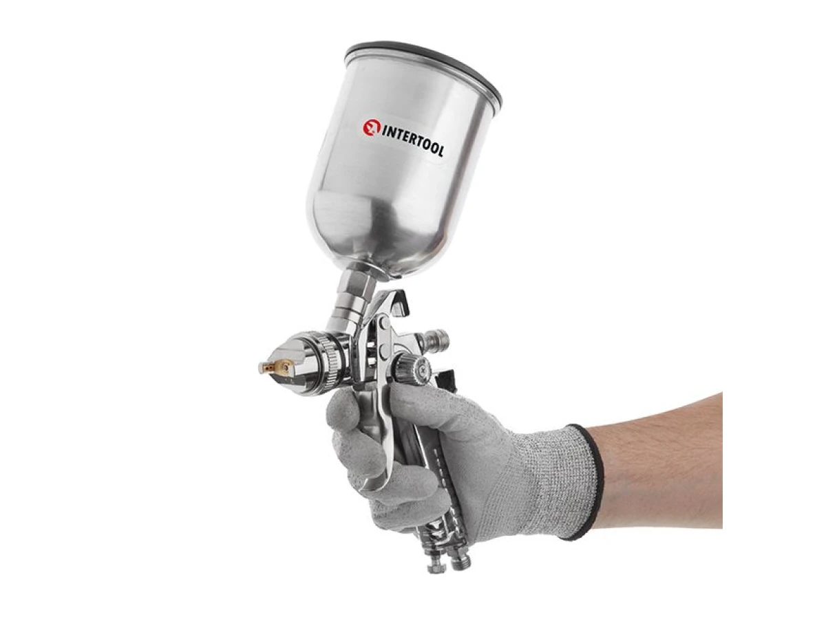 Краскопульт пневматический HVLP, форсунка 1.4мм, верхний металлический бачок 600мл., 3бар INTERTOOL PT-0109 