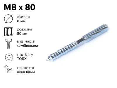 Гвинт - шуруп комбінований  М8, довжина - 80 мм
